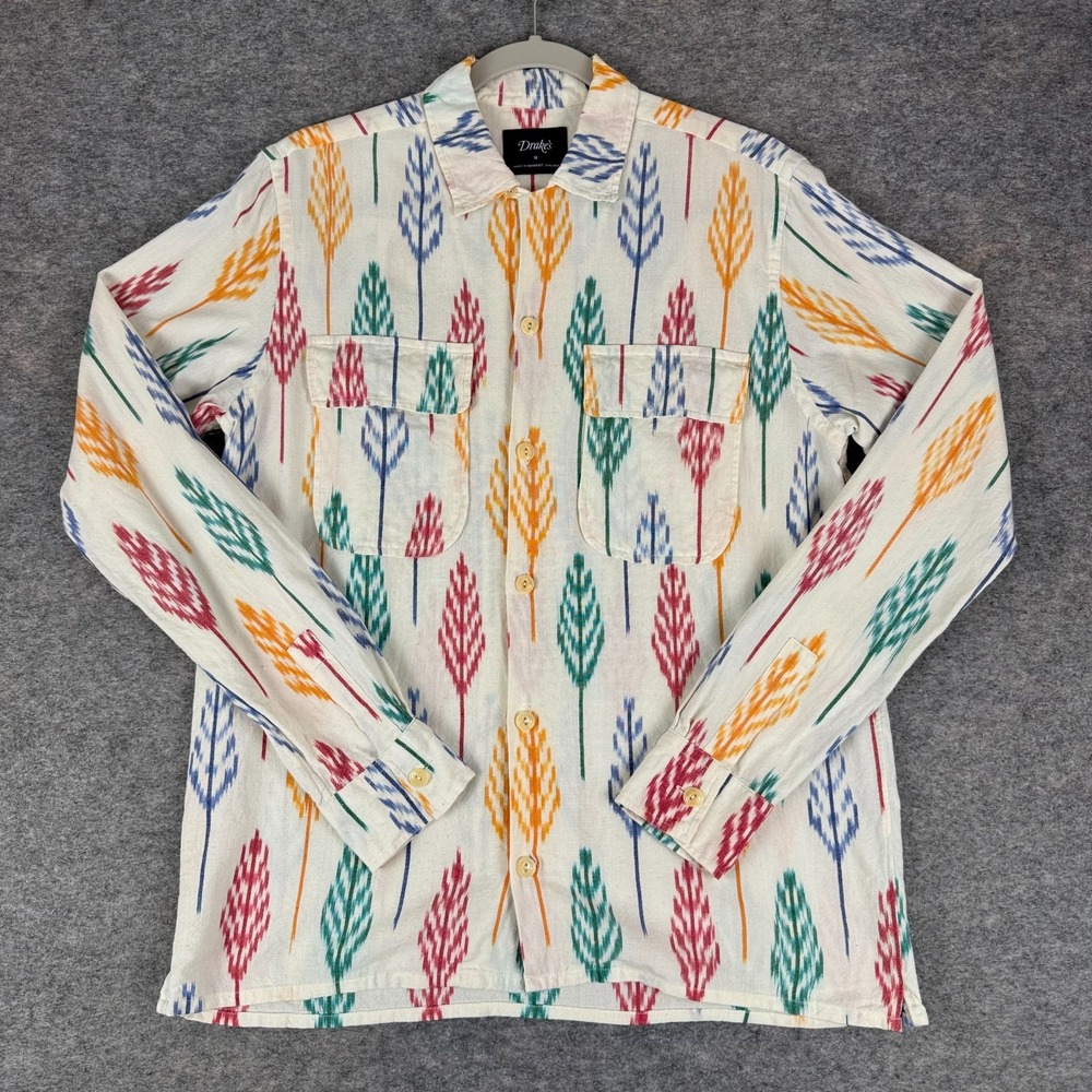 Drake's Camp Loop Collar Ikat Print Shirt Long Sleeve Ecru Multi Mens Medium M